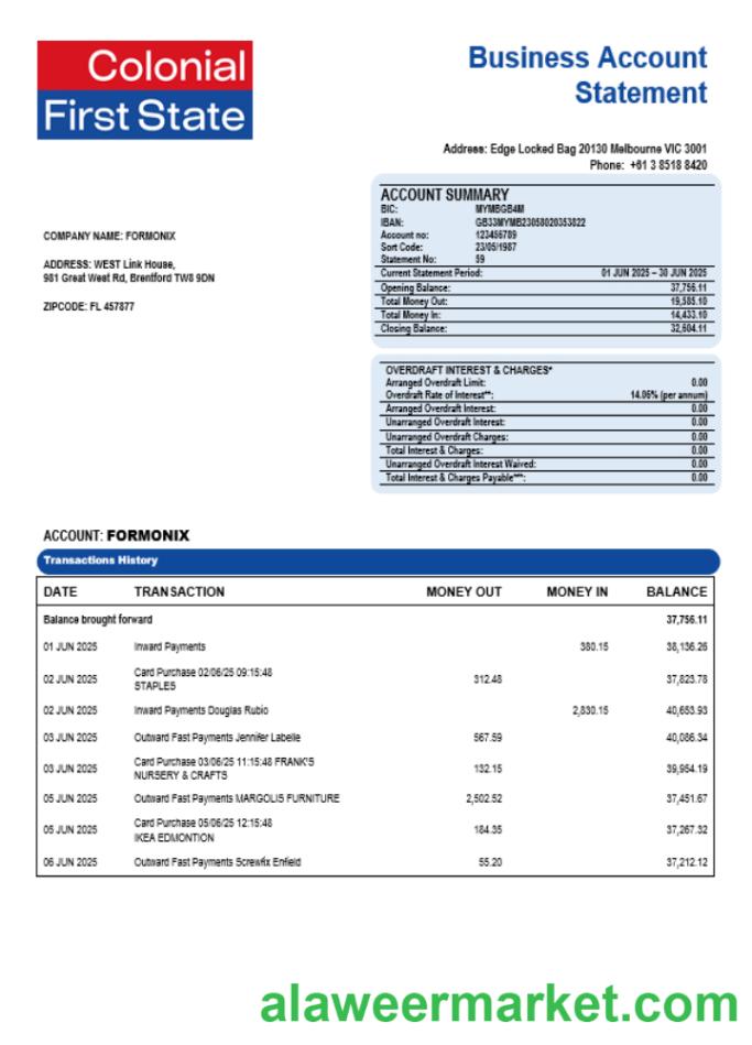 Colonial First State company checking account statement Word and PDF format